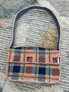 Anthropologie Fiona Plaid Checkered Beaded  Shoulder Bag